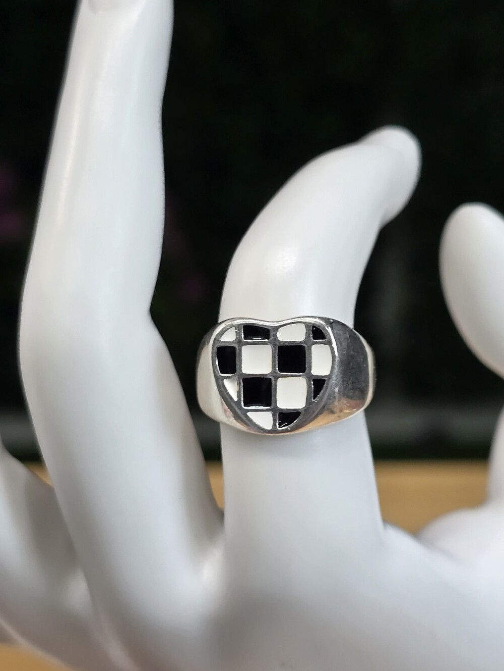 Silver Tone Black & White Checker Heart Ring
